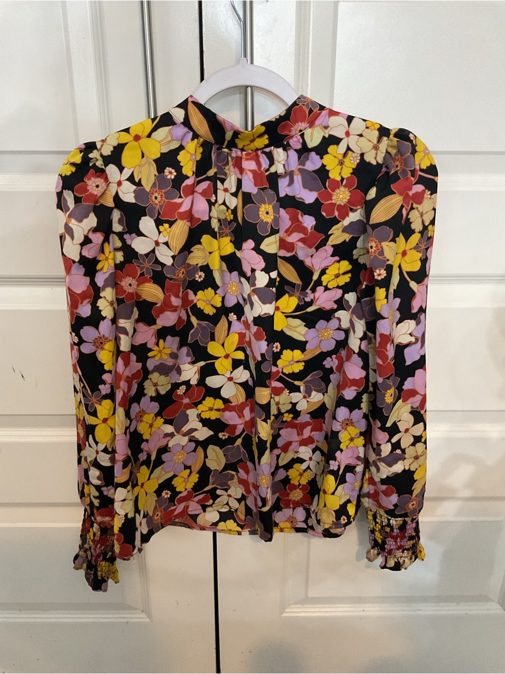 Who What Wear Black Floral High-Neck Blouse with Yellow, Pink & Purple Flowers